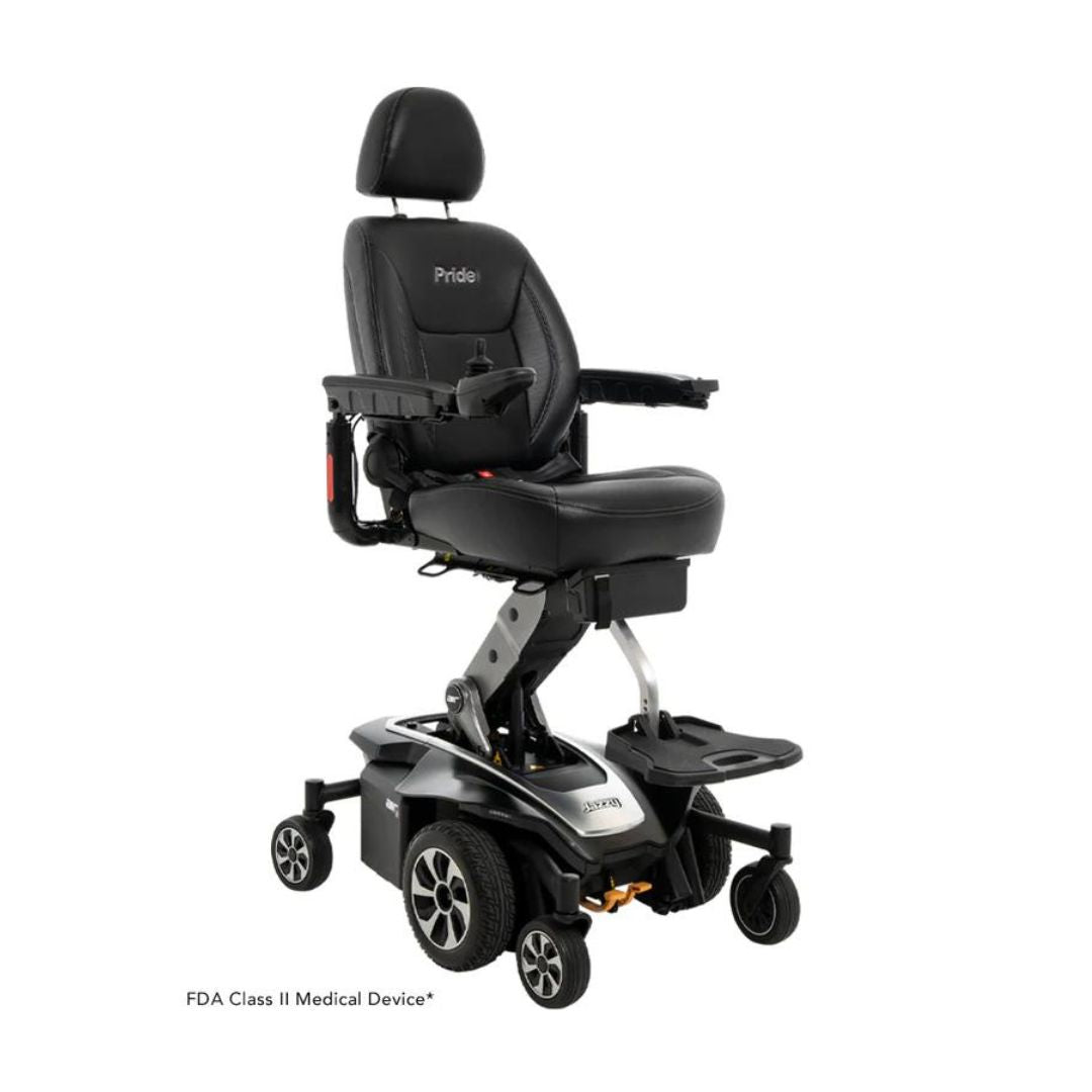 Pride Jazzy Air 2 Elevating Power Chairs black leather adjustable seat with footrest and joystick control