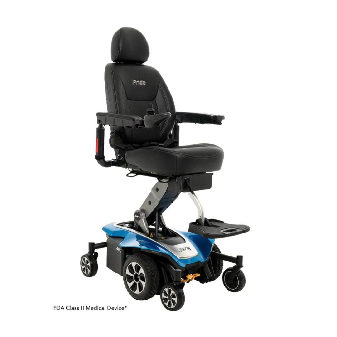 Pride Jazzy Air 2 Elevating Power Chairs in black and blue with adjustable seat and joystick control