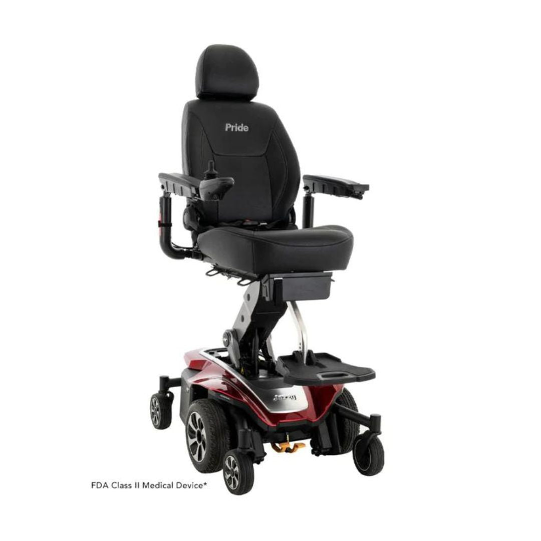 Pride Jazzy Air 2 Elevating Power Chairs with black cushioned seat and adjustable armrests