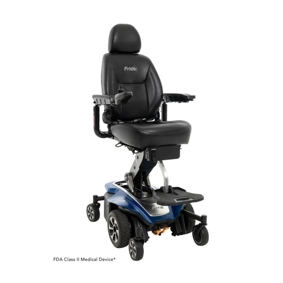 Pride Jazzy Air 2 Elevating Power Chairs in black with blue base and adjustable armrests