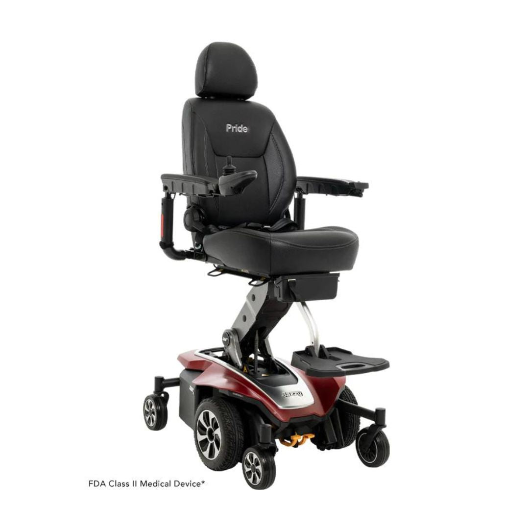 Pride Jazzy Air 2 Elevating Power Chairs with black cushioned seat and adjustable armrests from Pride