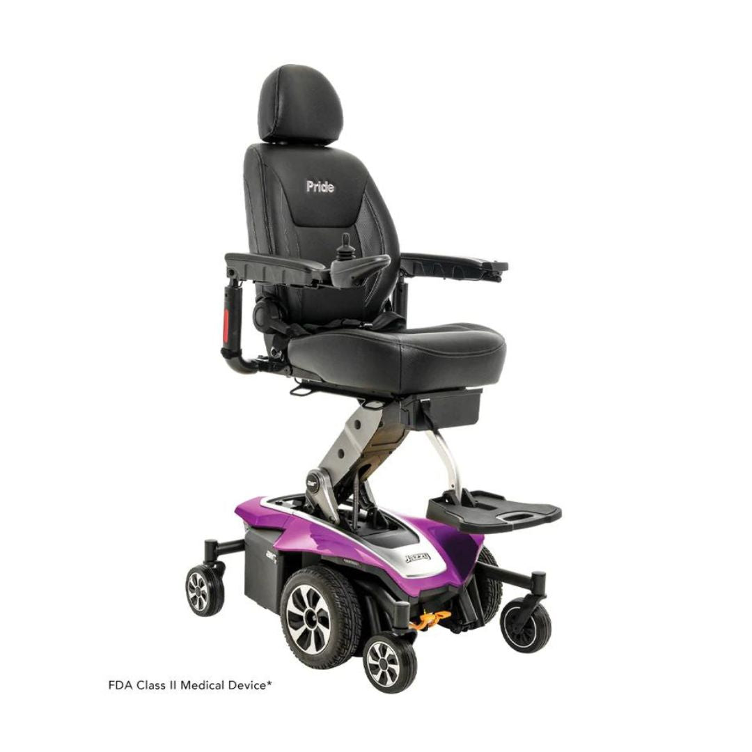 Pride Jazzy Air 2 Elevating Power Chairs black seat with purple base and adjustable armrests