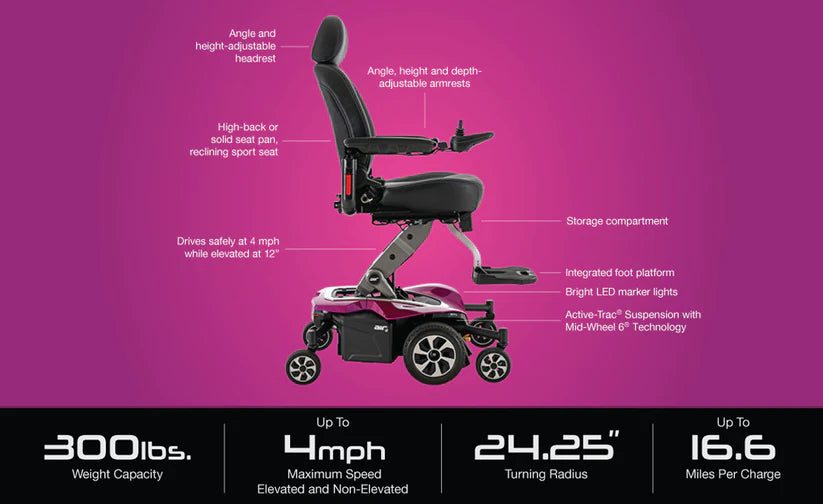 Pride Jazzy Air 2 Elevating Power Chairs with adjustable headrest armrests and integrated foot platform on purple background