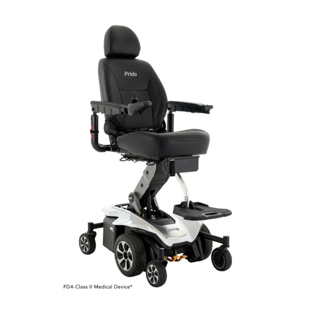 Pride Jazzy Air 2 Elevating Power Chairs with black seat and adjustable armrests on white background