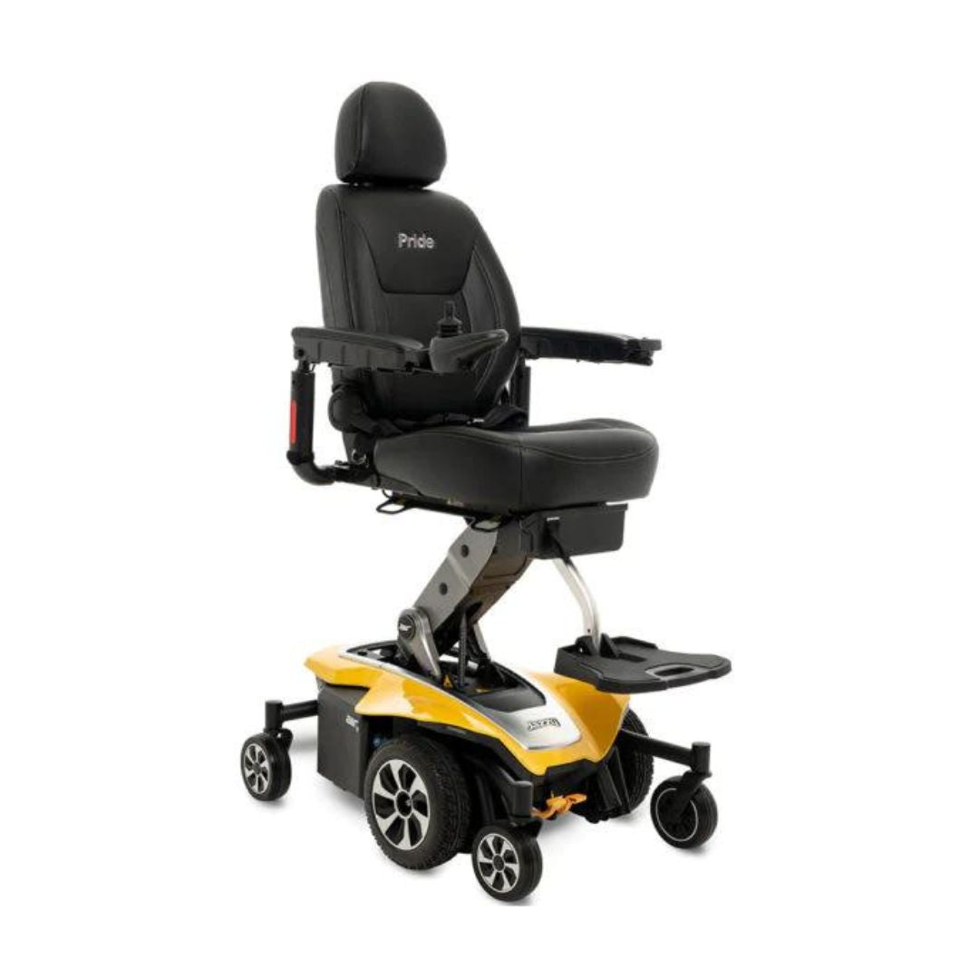 Pride Jazzy Air 2 Elevating Power Chairs with black cushioned seat and yellow base for mobility support