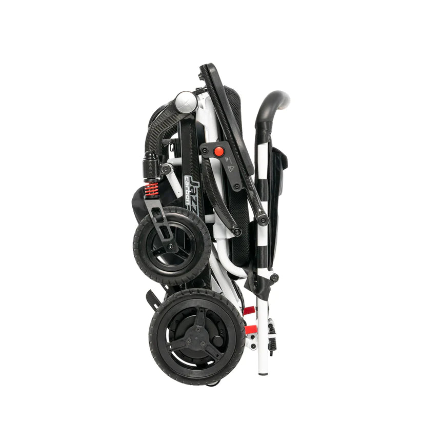 Folded Pride Jazzy Carbon Travel Power Chair showing compact and portable design with black and white frame