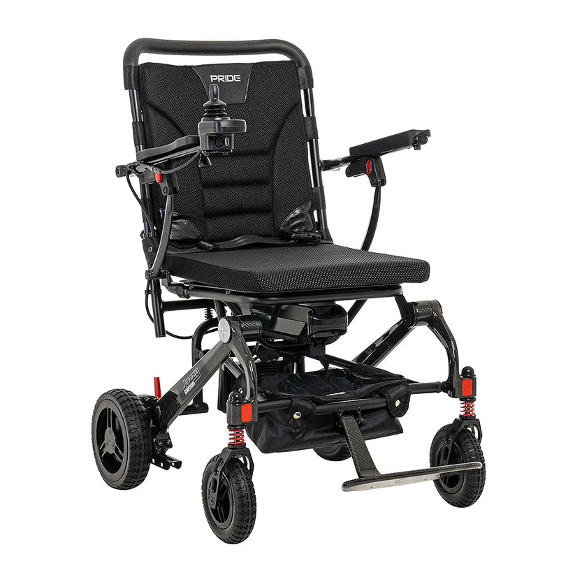 Pride Jazzy Carbon Travel Power Chair in black with compact foldable frame and joystick control