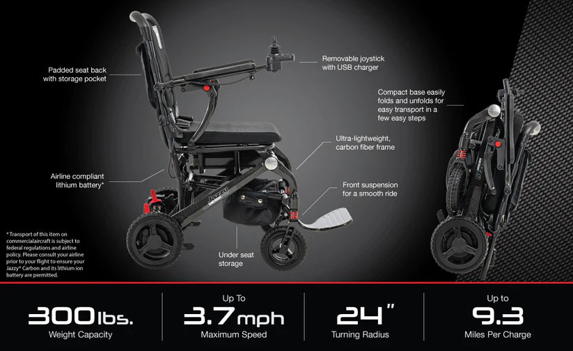Pride Jazzy Carbon Travel Power Chair lightweight carbon fiber frame with removable joystick and compact foldable design