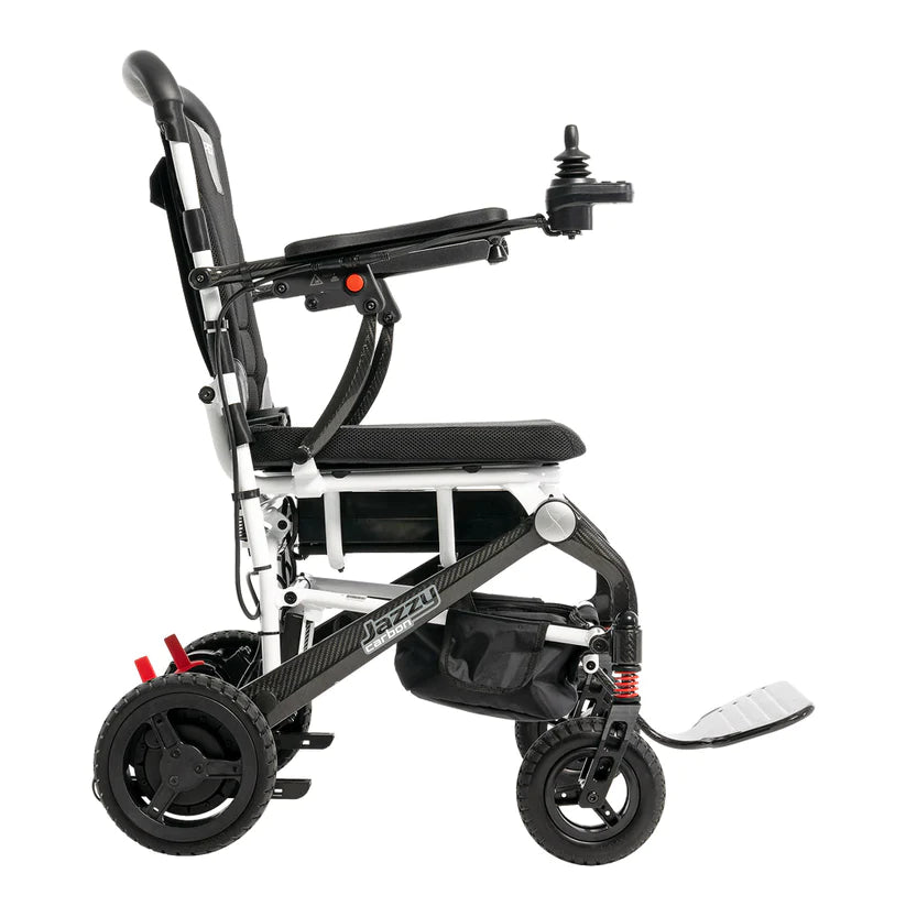 Pride Jazzy Carbon Travel Power Chair lightweight black and white mobility scooter with joystick control
