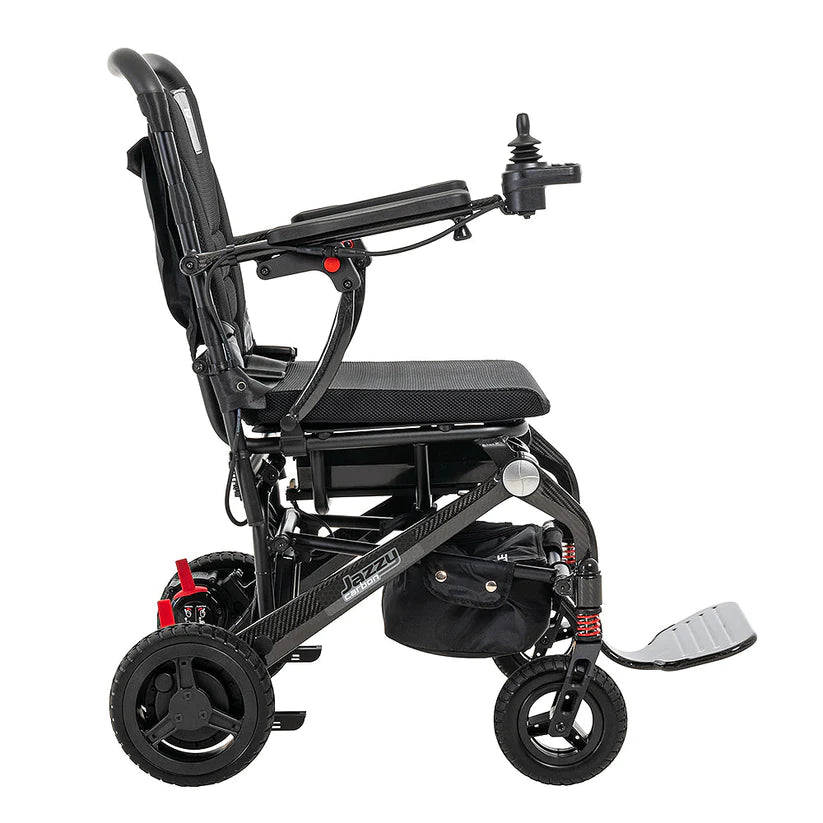 Pride Jazzy Carbon Travel Power Chair in black with compact foldable design and joystick control