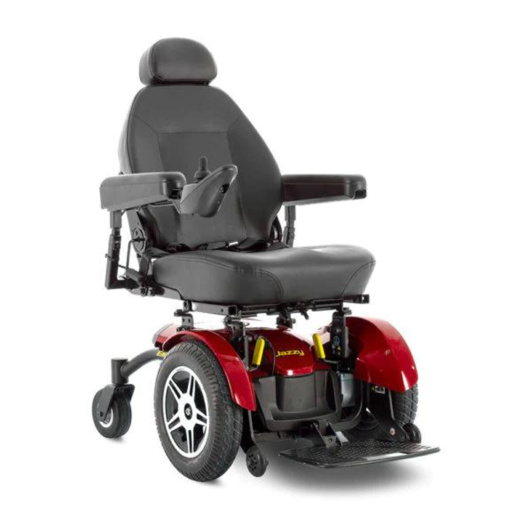 Pride Jazzy Elite 14 Power Chair in red with black cushioned seat and adjustable armrests