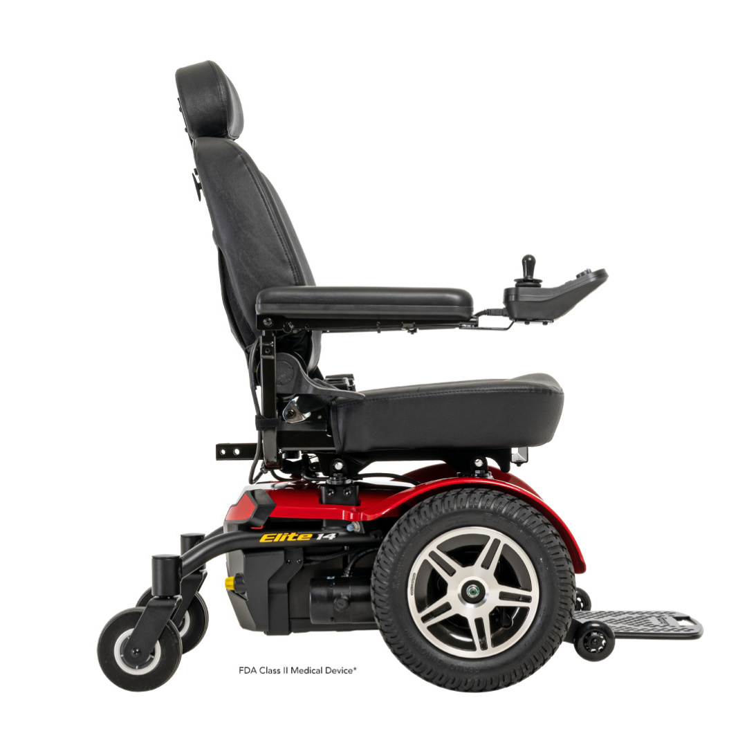 Side view of Pride Jazzy Elite 14 Power Chair in black and red with joystick control and cushioned seat