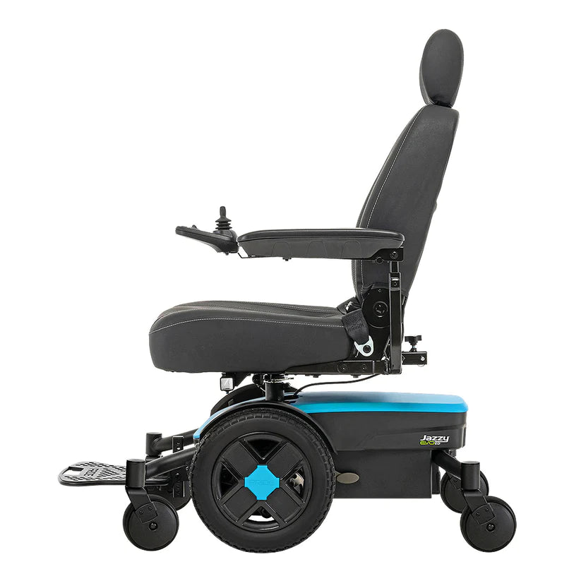 Side view of Pride Jazzy EVO 613 Power Chair with black seat and blue base for mobility assistance