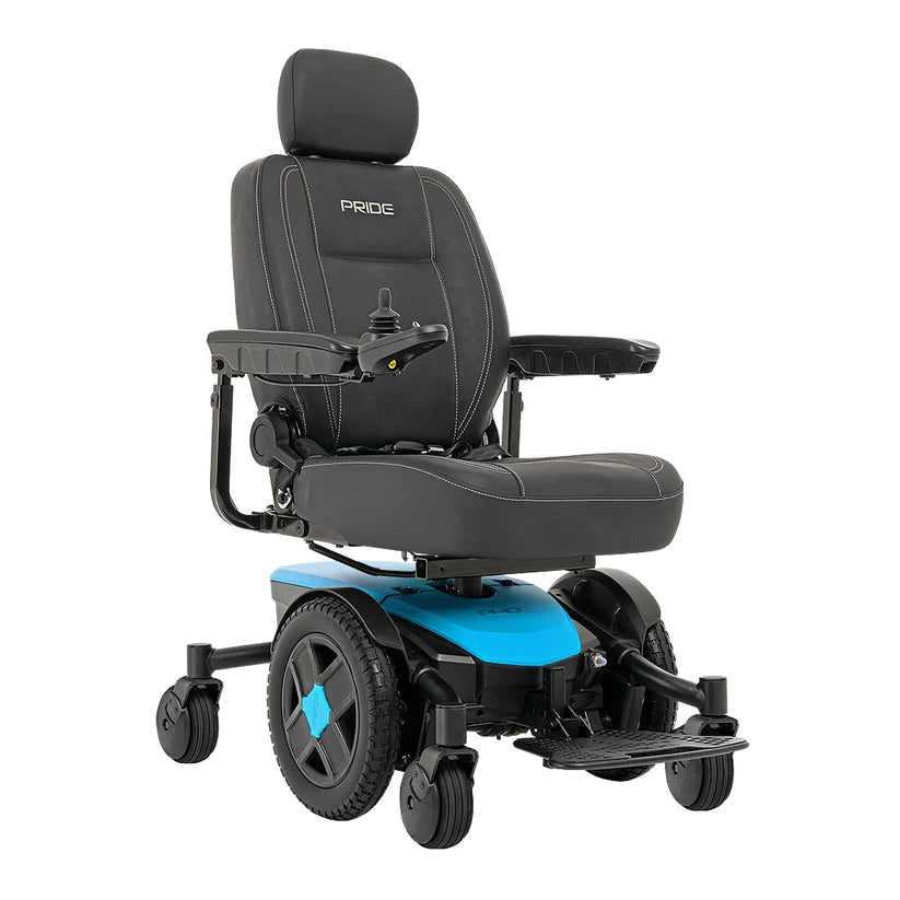 Pride Jazzy EVO 613 Power Chair with black padded seat and blue base for enhanced mobility