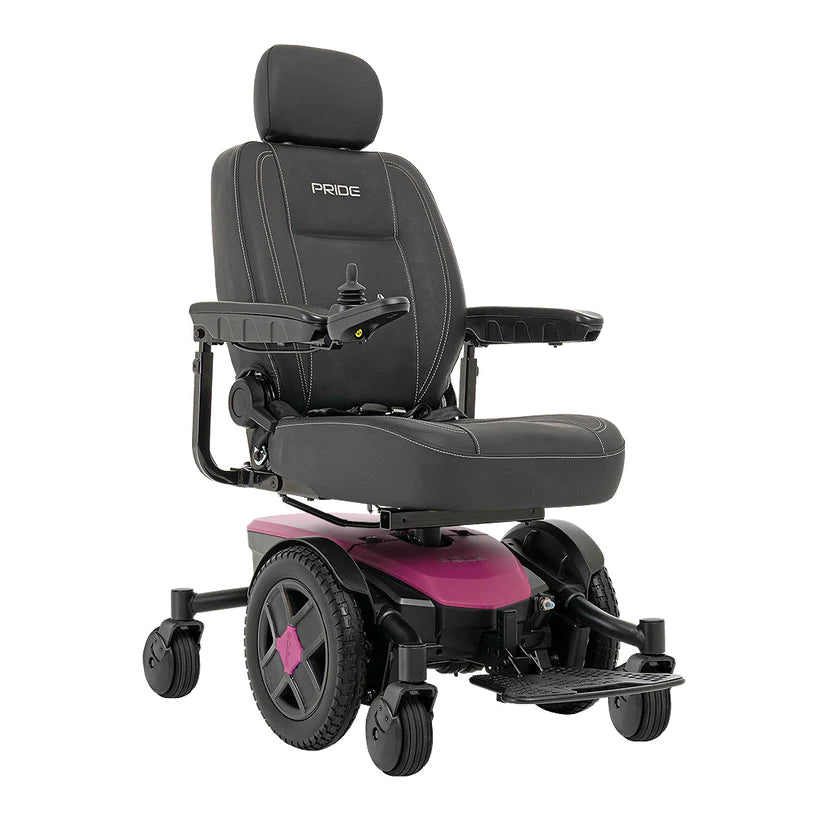 Pride Jazzy EVO 613 Power Chair in black with purple base and adjustable joystick control