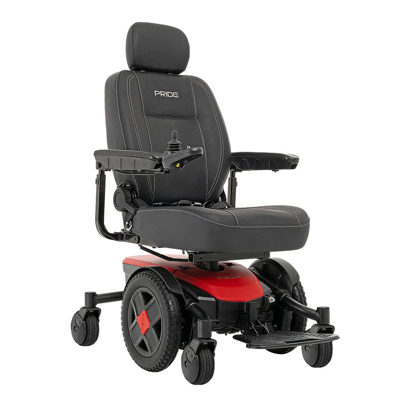 Pride Jazzy EVO 613 Power Chair with black cushioned seat and red base for mobility support