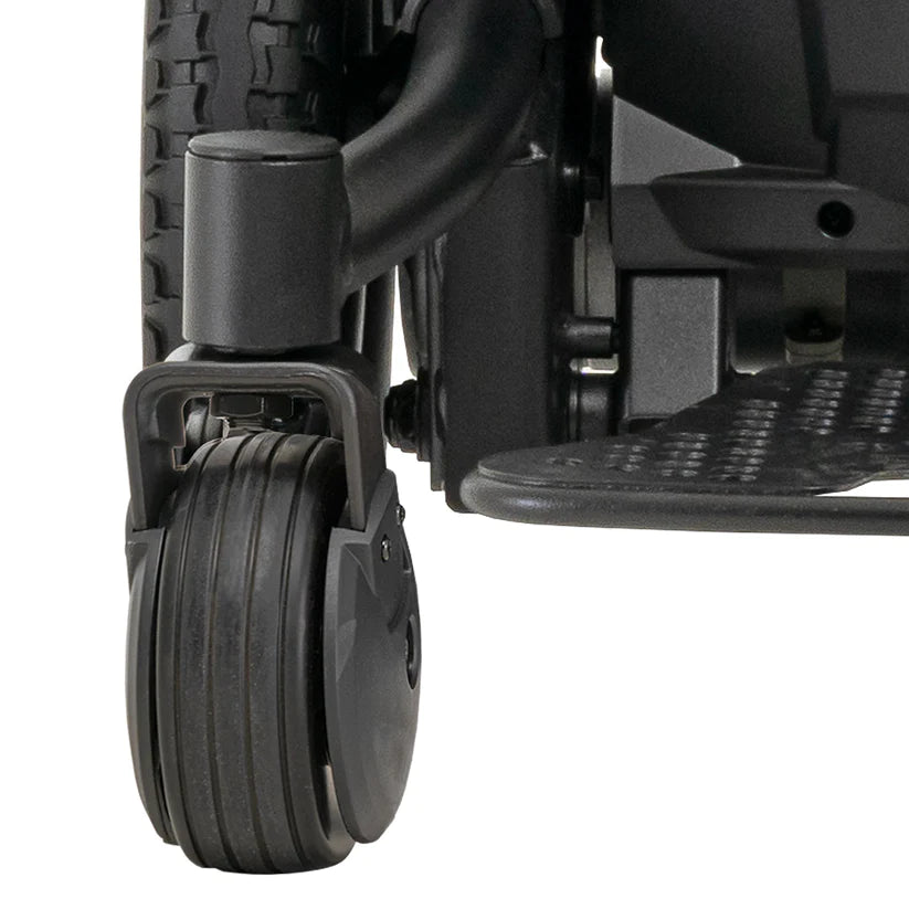 Close-up of front wheel and footrest of Pride Jazzy EVO 613 Power Chair in black