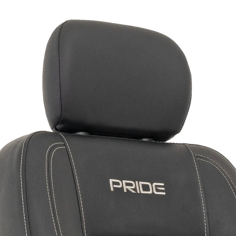 Close-up of black seat with headrest and Pride logo on Pride Jazzy EVO 613 Power Chair