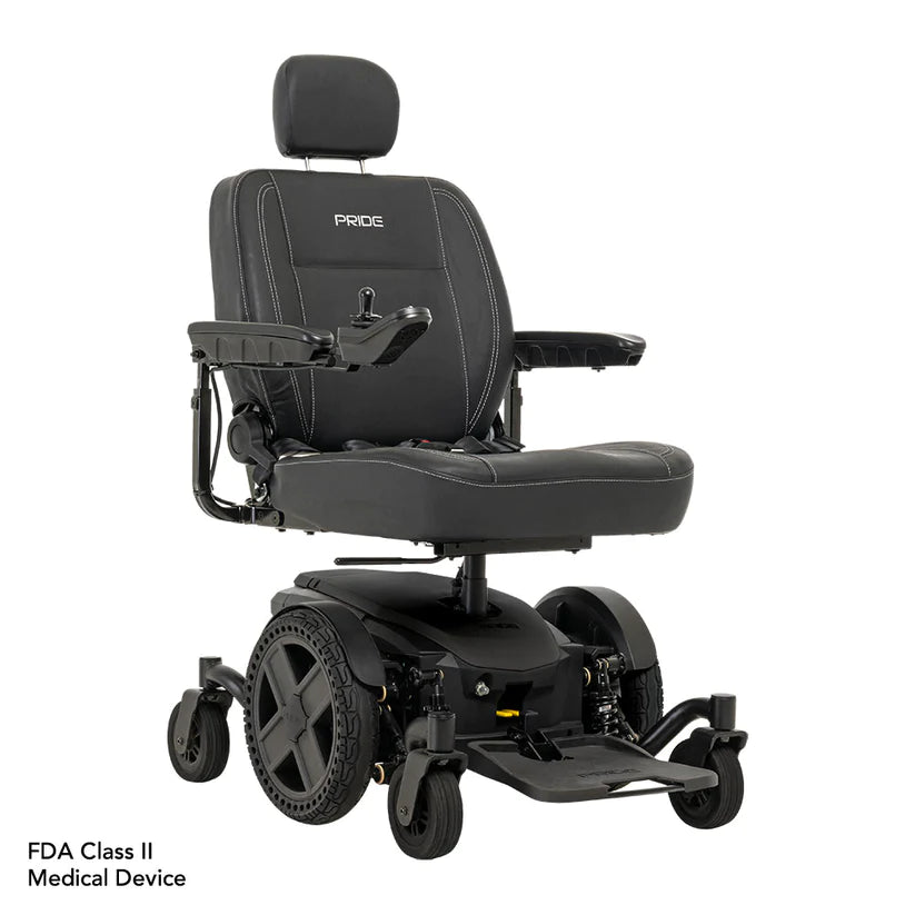 Pride Jazzy EVO 614 Power Chair in black with padded seat and armrests, adjustable headrest, and joystick control