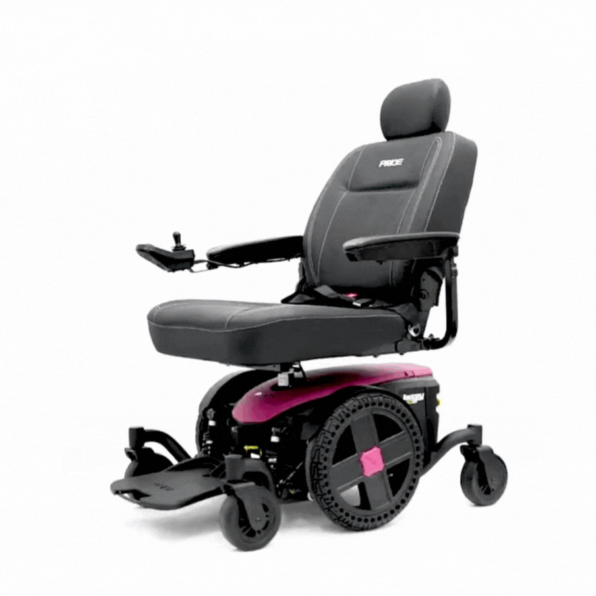 Pride Jazzy EVO 614 Power Chair in black with purple base featuring padded seat and adjustable headrest