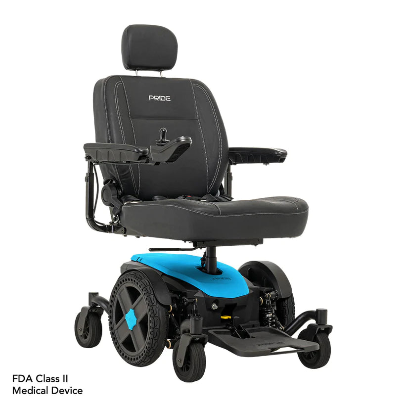 Pride Jazzy EVO 614 Power Chair with black cushioned seat and blue base mobility scooter