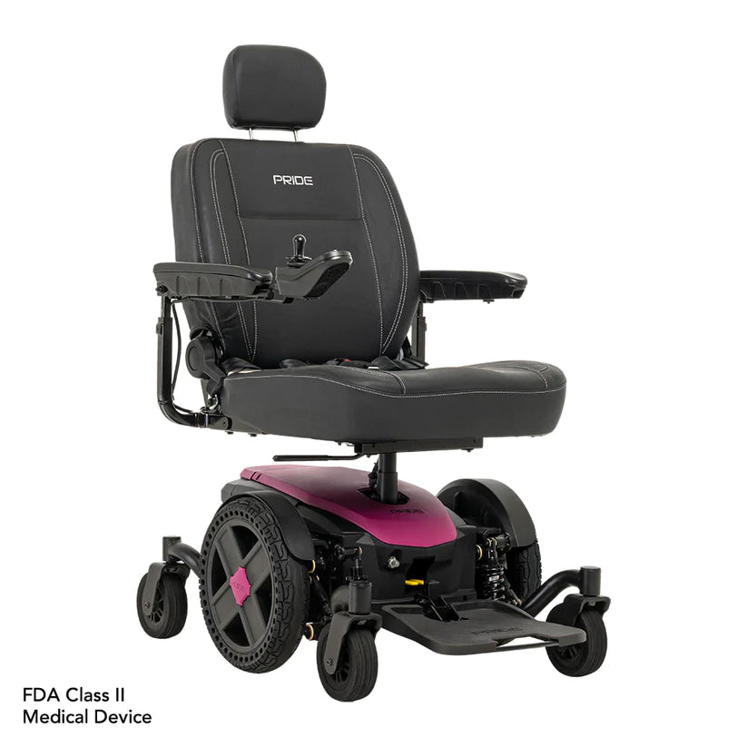 Pride Jazzy EVO 614 Power Chair in black with pink base and adjustable headrest for mobility support