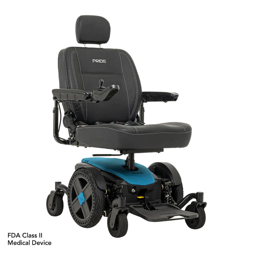 Pride Jazzy EVO 614 Power Chair with black cushioned seat and blue base for enhanced mobility