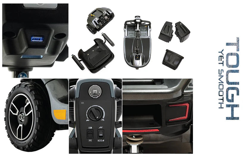 Pride Mobility Revo 2.0 3 Wheel Mobility Scooter detailed parts and controls close up