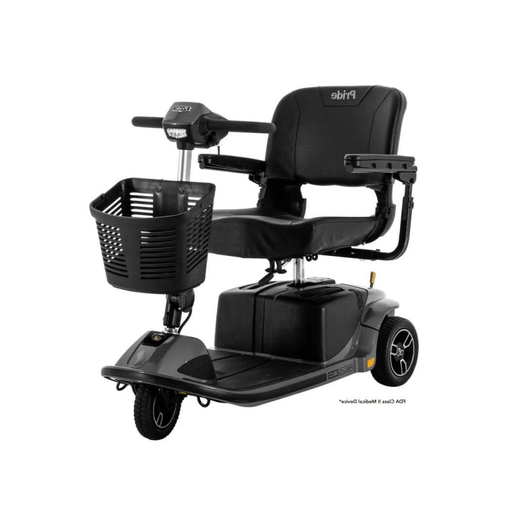 Pride Mobility Revo 2.0 3 Wheel Mobility Scooter in black with comfortable seat and front basket