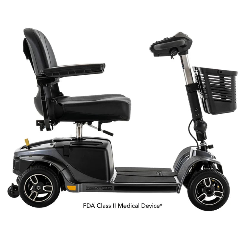 Pride Mobility Revo 2.0 3 Wheel Mobility Scooter with comfortable black seat and front basket
