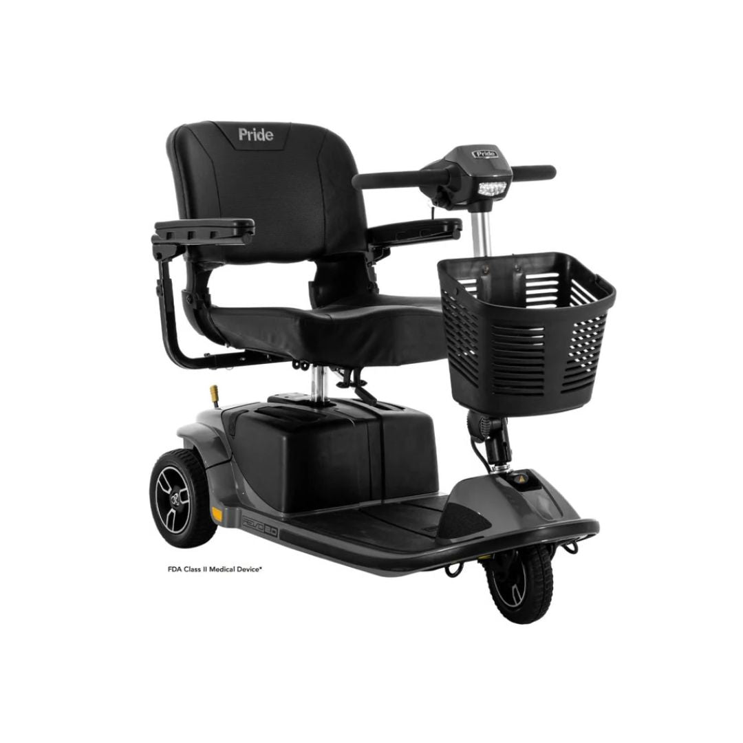 Pride Mobility Revo 2.0 3 Wheel Mobility Scooter in black with front basket and padded seat