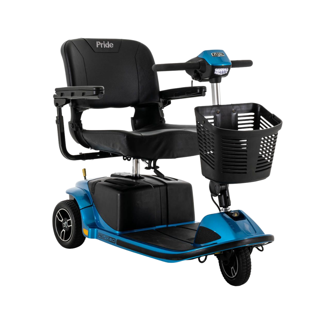 Pride Mobility Revo 2.0 3 Wheel Mobility Scooter in blue with black seat and front basket