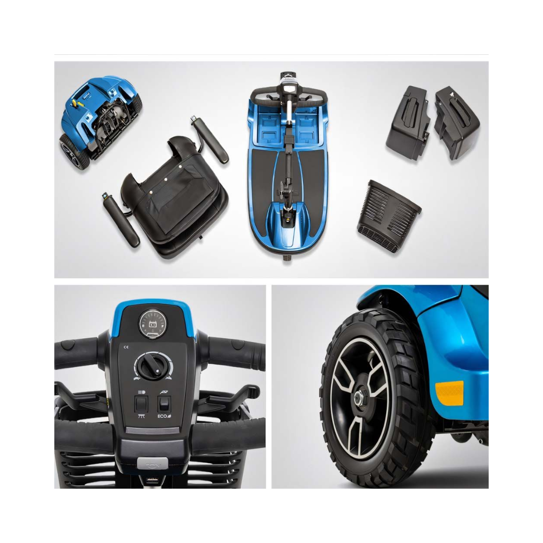 Pride Mobility Revo 2.0 3 Wheel Mobility Scooter in blue showing disassembled parts, control panel, and rear wheel