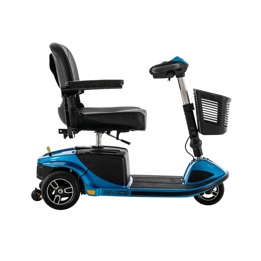 Pride Mobility Revo 2.0 3 Wheel Mobility Scooter in blue with black seat 