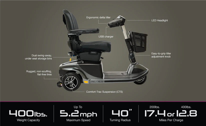Pride Mobility Revo 2.0 3 Wheel Mobility Scooter with ergonomic delta tiller and LED headlight