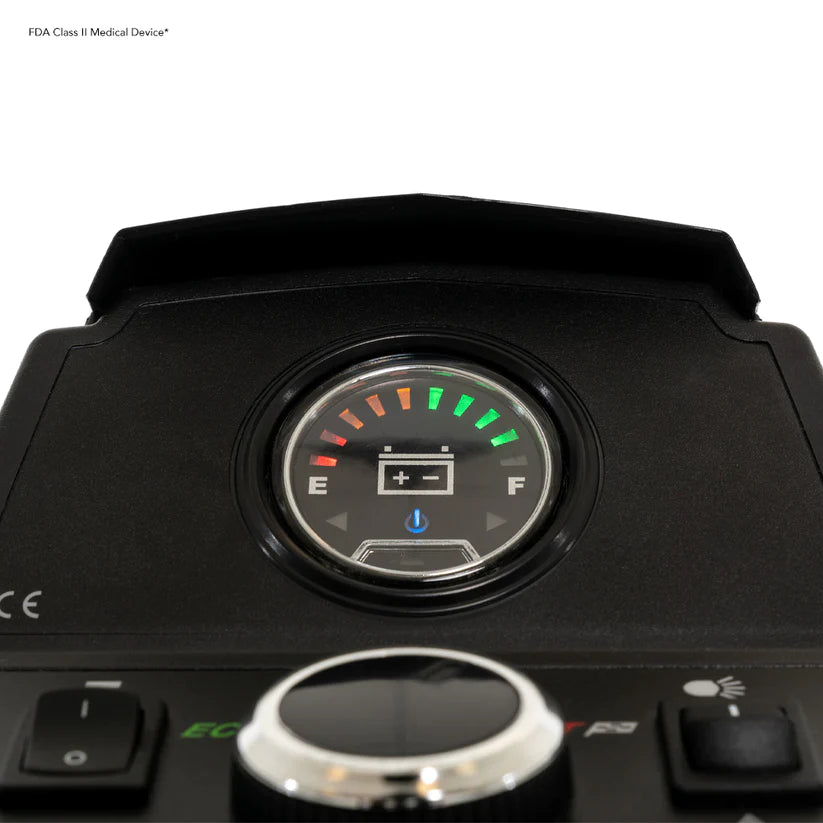 Close-up of battery indicator and control buttons on Pride Zero Turn 10 Mobility Scooters dashboard