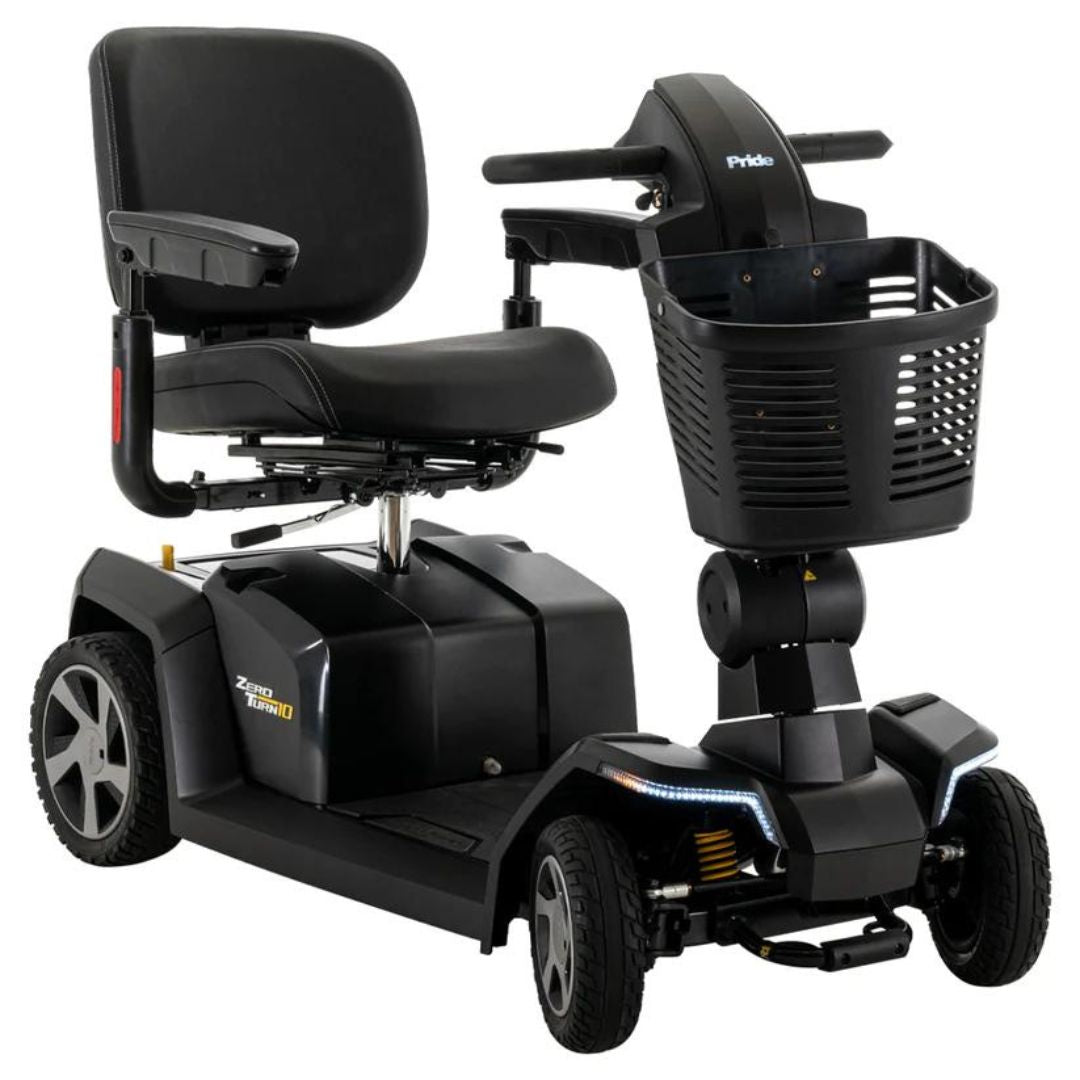 Pride Zero Turn 10 Mobility Scooters in black with comfortable seat and front storage basket