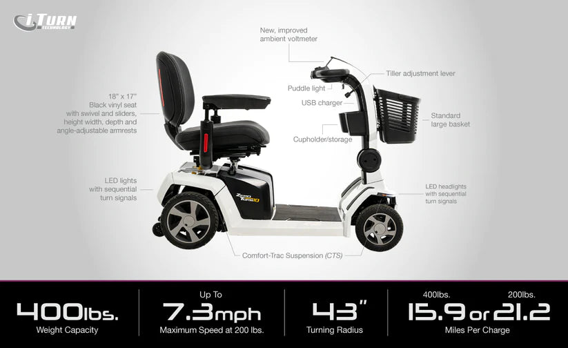 Pride Zero Turn 10 Mobility Scooters in white with adjustable seat, LED lights, and large front basket