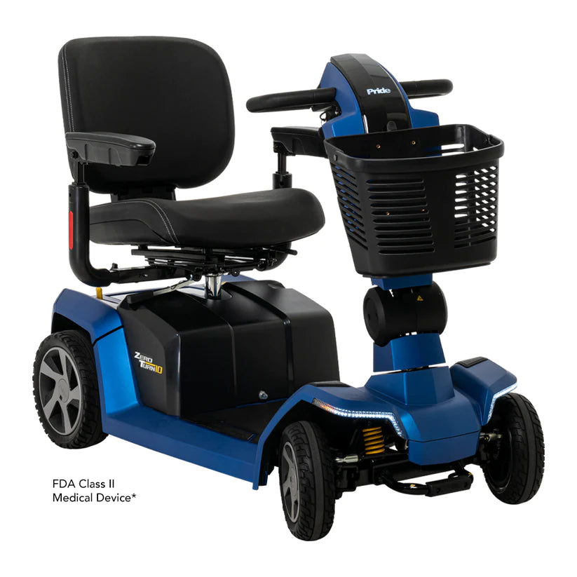 Pride Zero Turn 10 Mobility Scooters in blue with black seat and front basket for easy transport