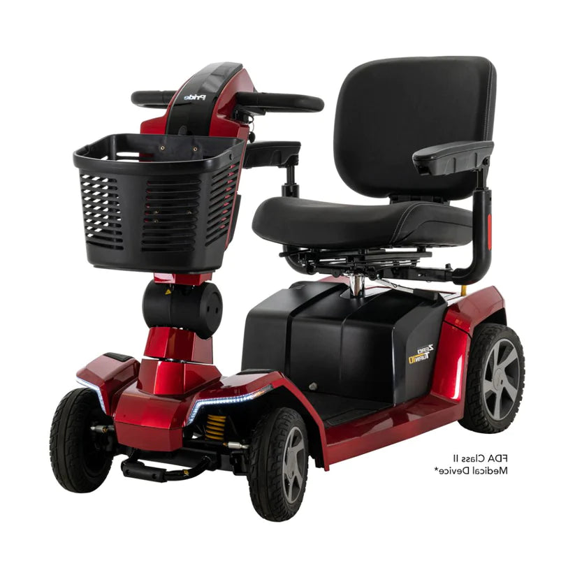 Pride Zero Turn 10 Mobility Scooters in red with black seat and front storage basket
