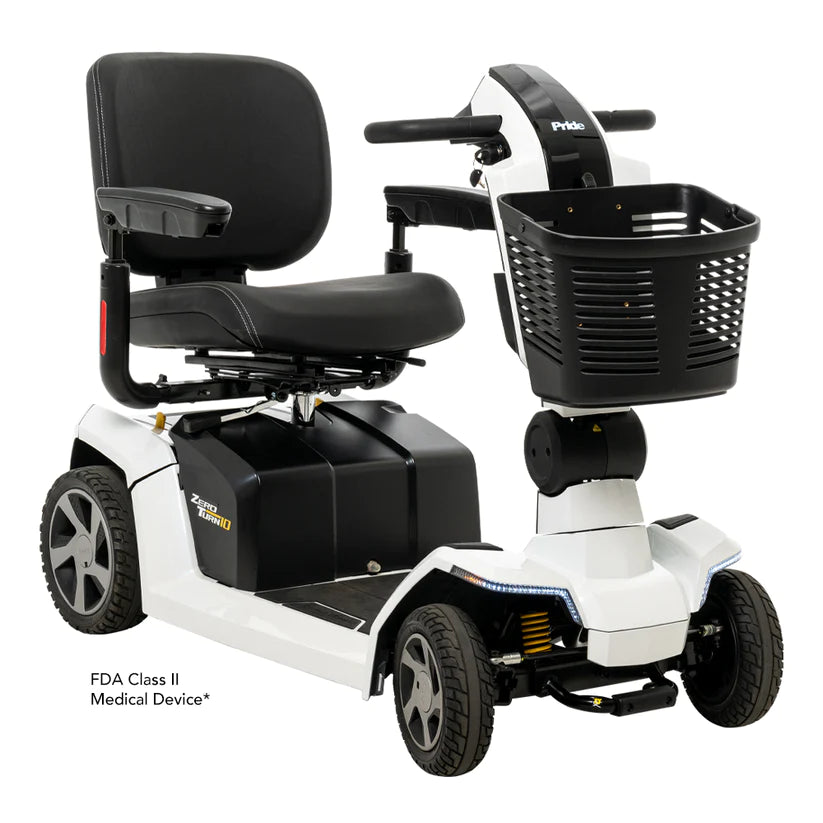 Pride Zero Turn 10 Mobility Scooters with black seat and front storage basket in white frame
