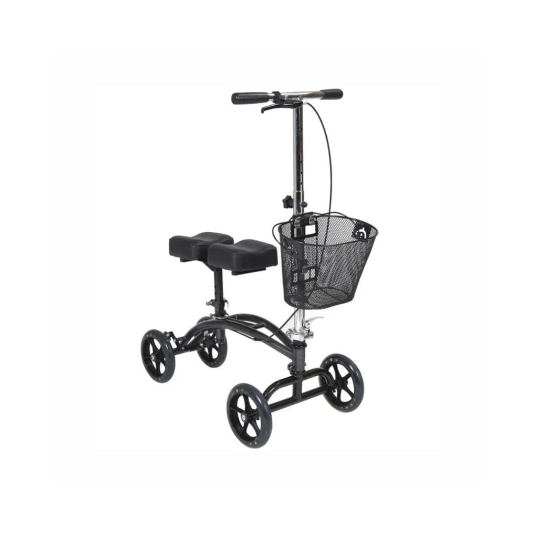 Drive Medical black Steerable Knee Walker with cushioned knee rest and front basket for mobility support