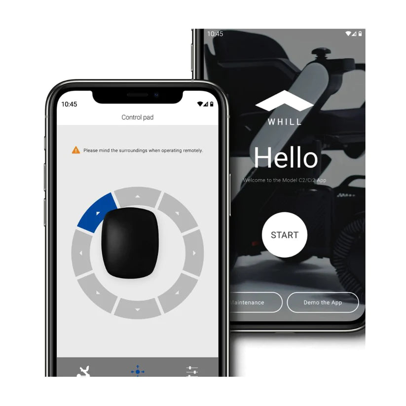 WHILL Model C2 Smart Power Chair mobile app interface showing remote control and start screen
