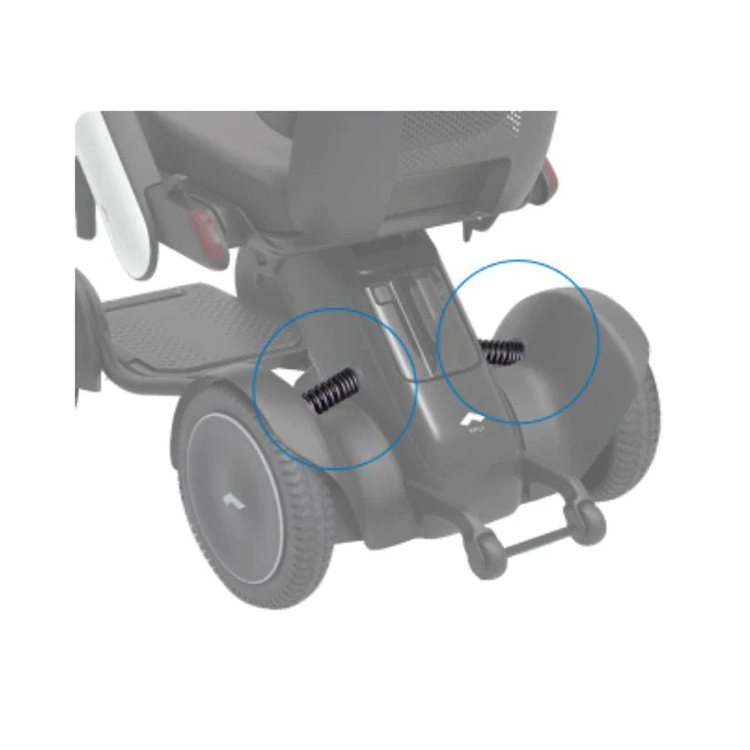 Close-up of suspension springs on the rear wheels of the WHILL Model C2 Smart Power Chair
