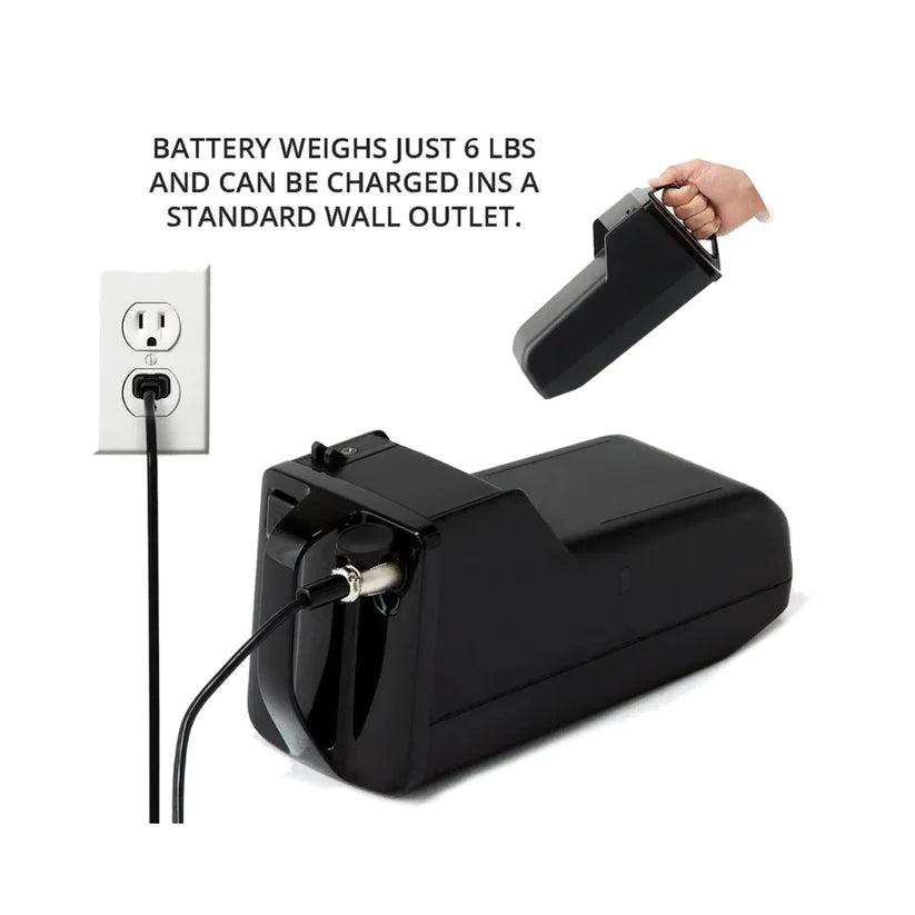 WHILL Model C2 Smart Power Chair removable black battery weighing 6 lbs charging from a standard wall outlet