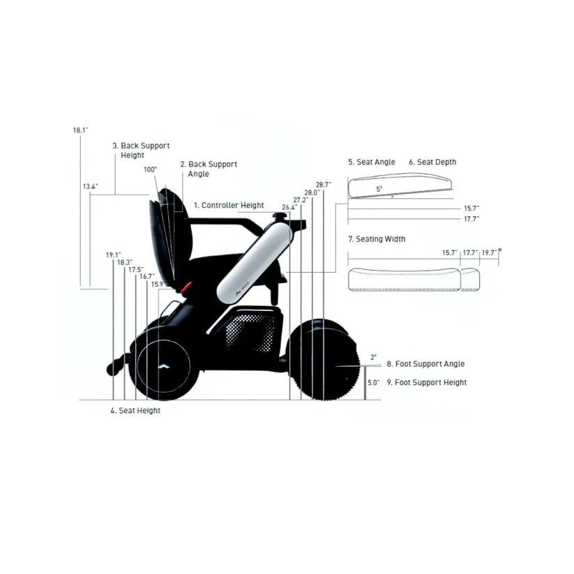 Diagram of WHILL Model C2 Smart Power Chair with detailed measurements of seat, back support, foot support, and controller height