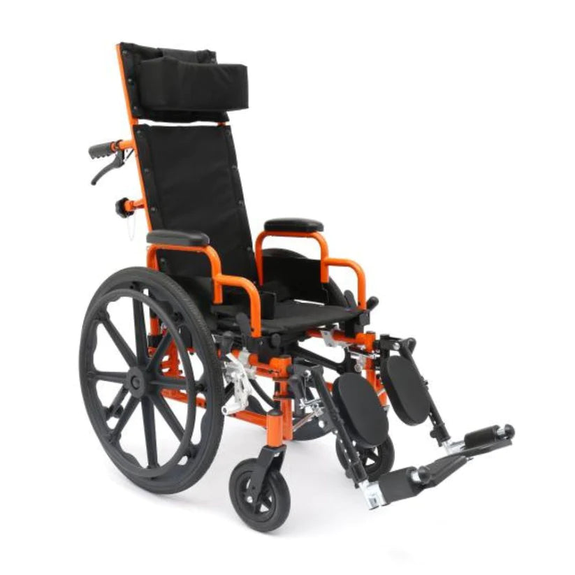 Circle Specialty Ziggo Pro Reclining Wheelchair with orange frame and adjustable footrests