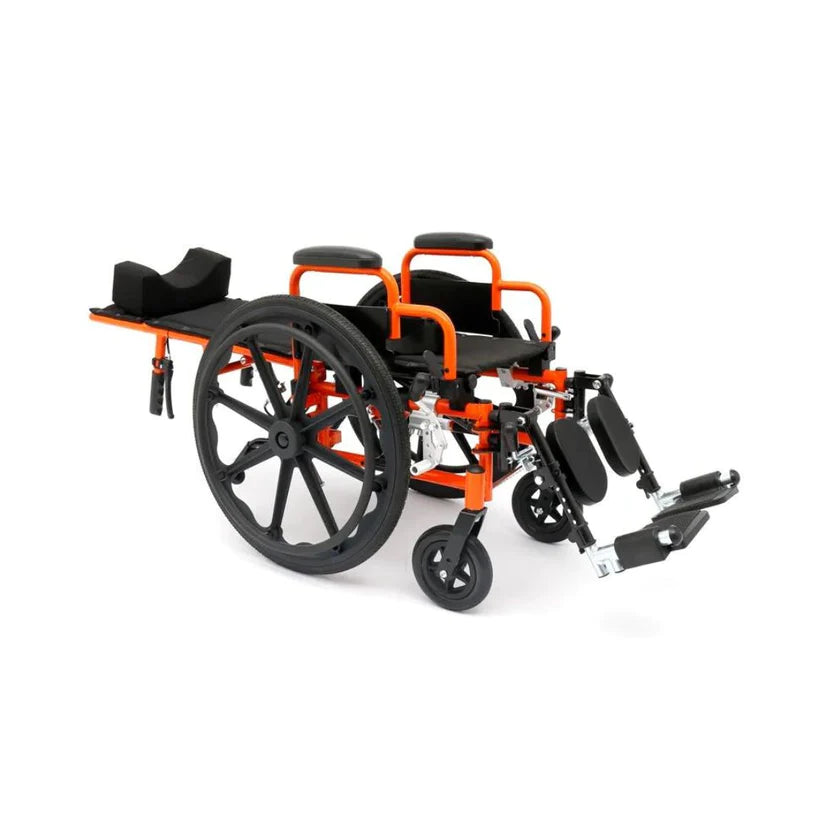 Circle Specialty Ziggo Pro Reclining Wheelchair with orange frame and adjustable leg rests