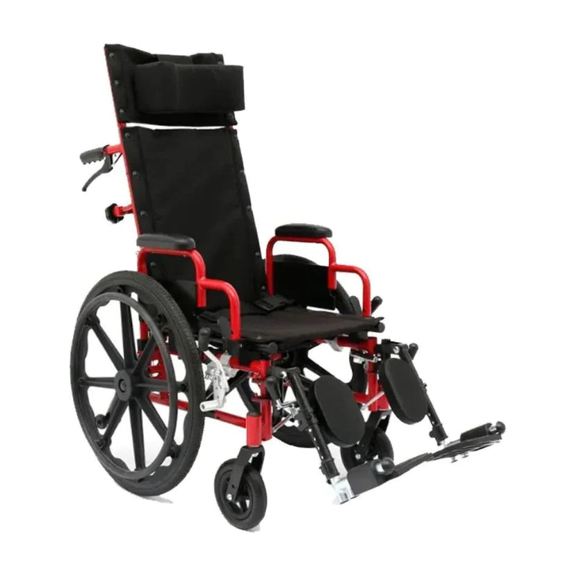 Ziggo Pro Reclining Wheelchair by Circle Specialty with red frame and adjustable footrests